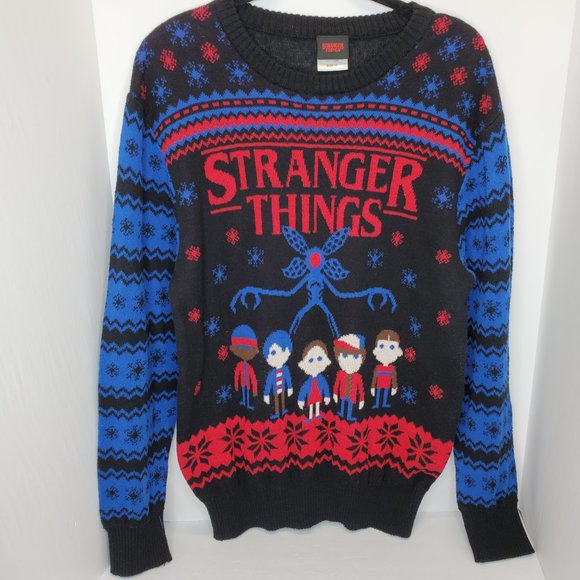Netflix Stranger Things Ugly Holiday Christmas Sweater Size XL Blue Red Black. - Picture 2 of 7